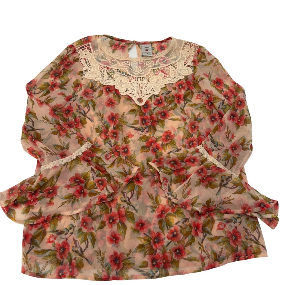Disney LC Lauren Conrad Snow White Floral Bird Crochet Lace Bell Sleeve Blouse S